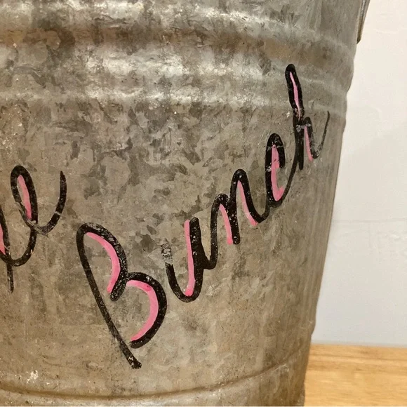 Old Galvanized Bucket with Distressed Finish Writing & Sticker 9” Tall - Picture 7 of 16